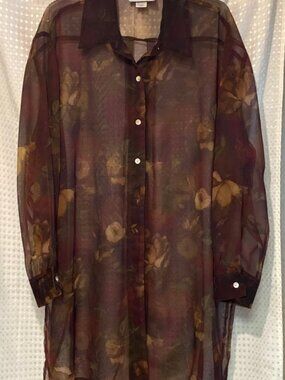Vintage Fitting Image Burgundy Tan Green Sheer Floral Jacket Plus Size 22W